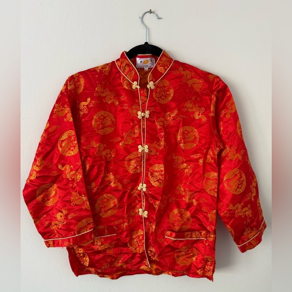 Chinese Traditional 2Pc Set Red Satin & Gold Dragon - Picture 2 of 15